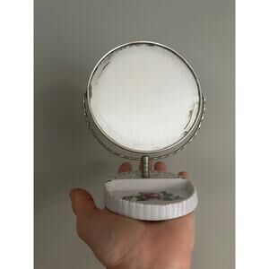 Vintage Vanity Mirror porcelain Tray pink floral Victorian style double sided